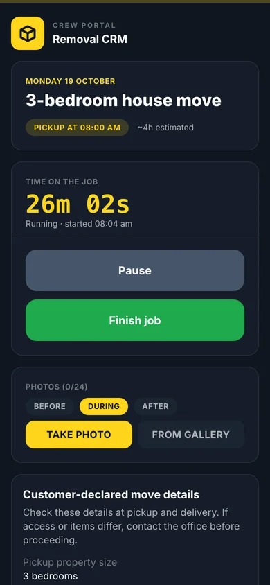 Mobile crew portal screen showing move timer and customer-declared access details
