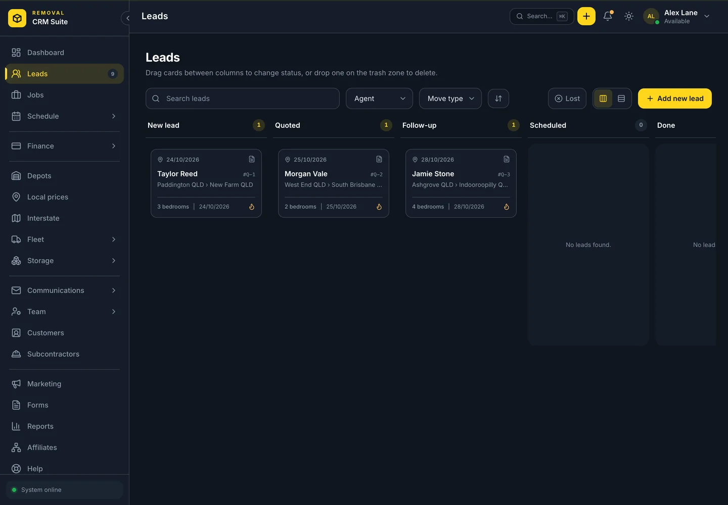 Leads and quotes Kanban pipeline with move dates and statuses