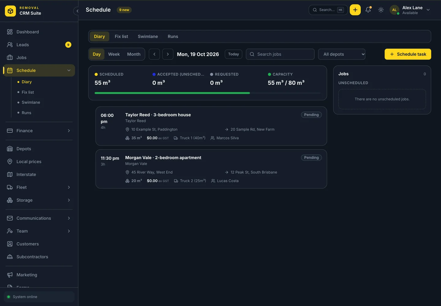 Schedule and diary view with vehicle capacity and assigned moves